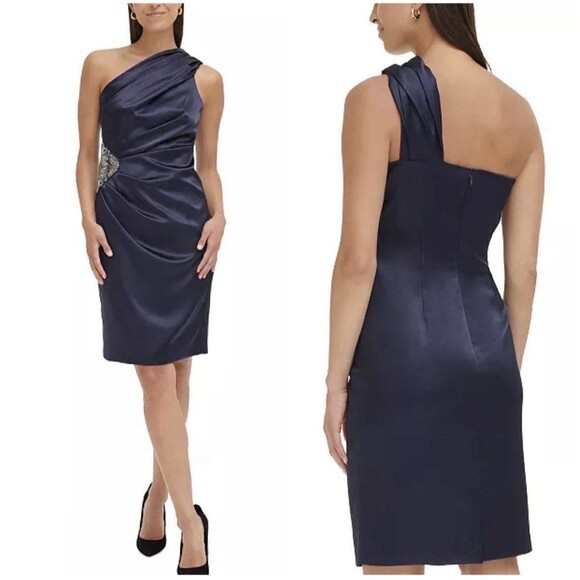Eliza J Dresses & Skirts - Eliza J Stretch Satin One Shoulder Cocktail Formal Dress Purple Sz 2 Embellish